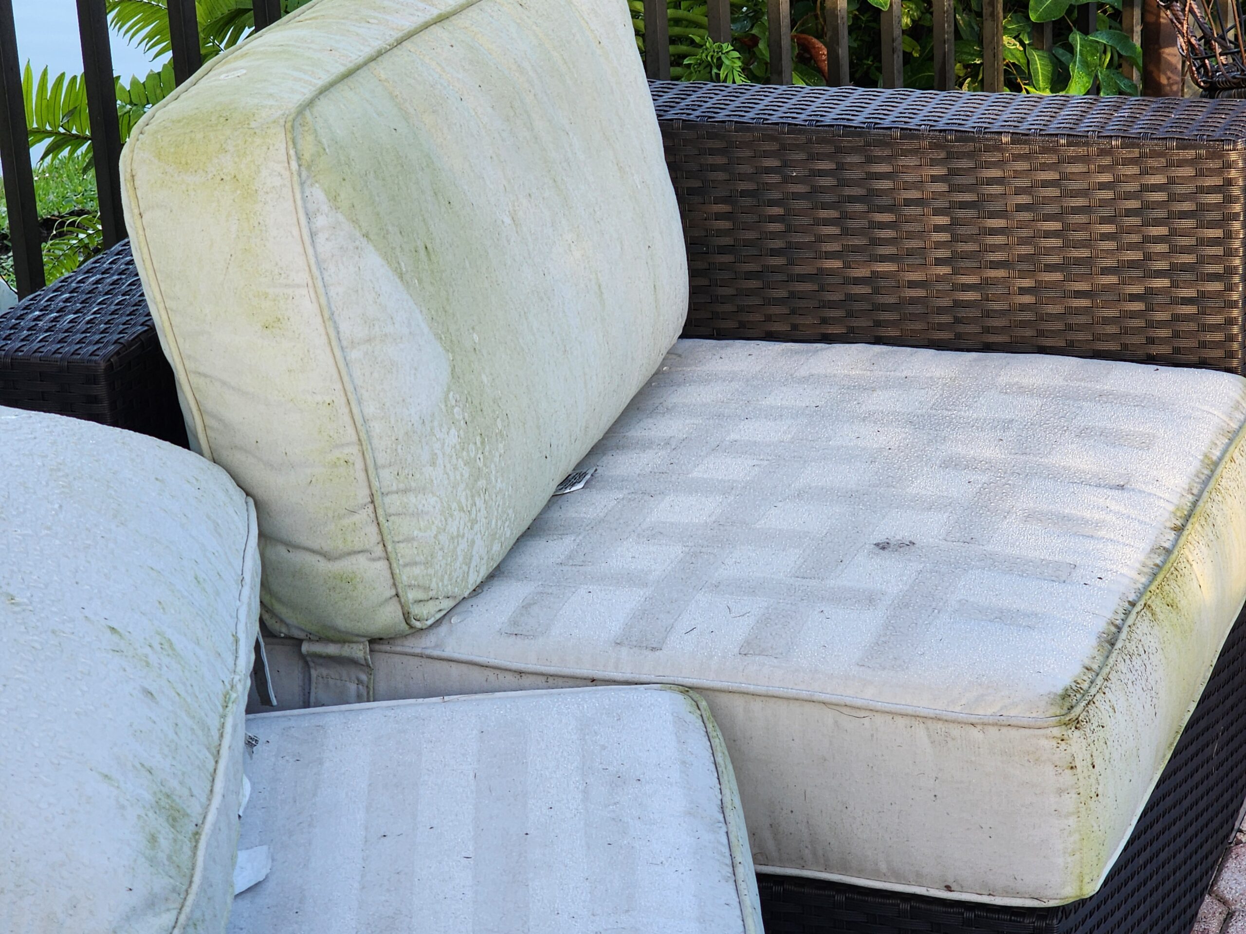 Outdoor cushions in Mirasol FL heavily stained with mold, mildew, and deep-set dirt before professional cushion restoration and cleaning
