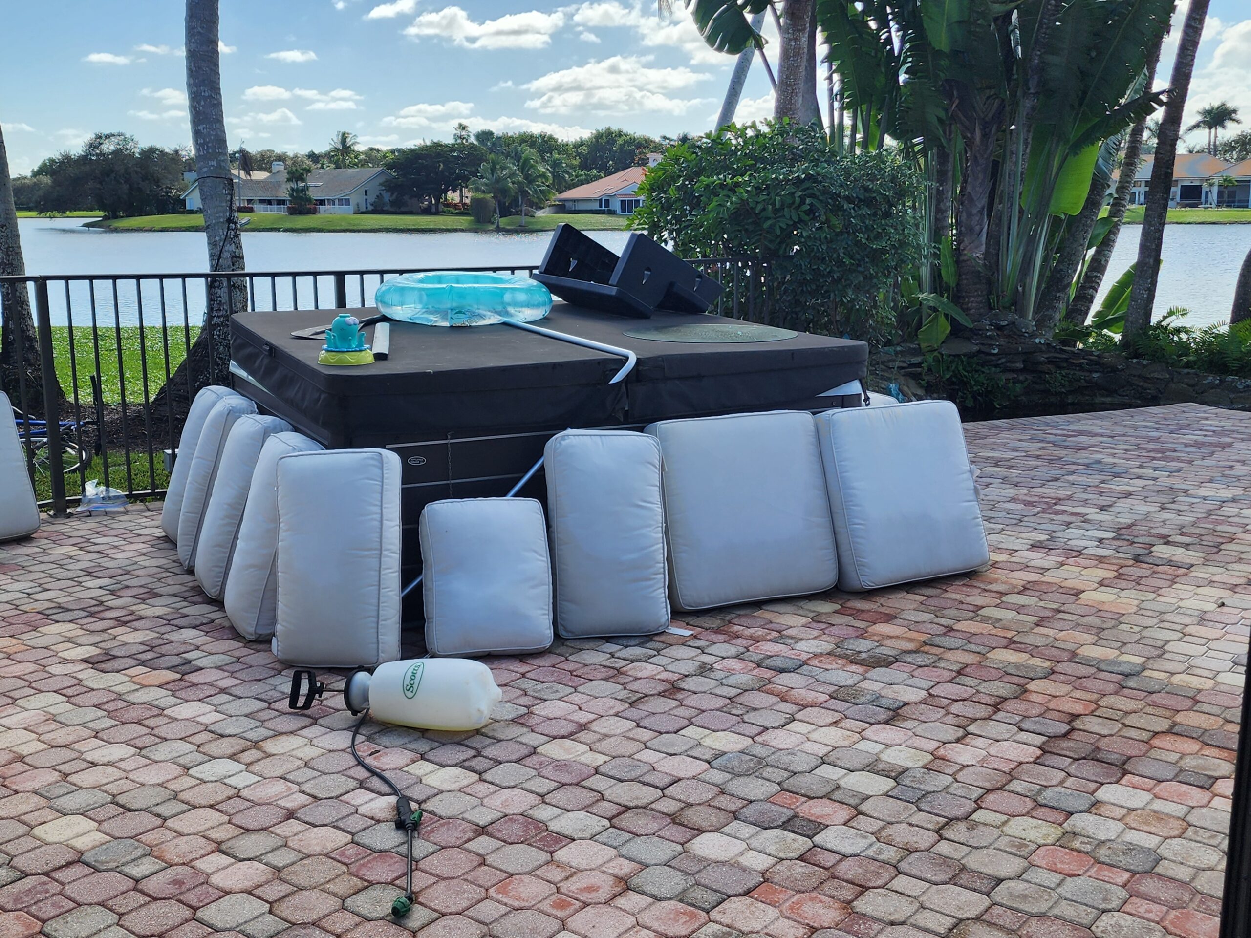 Outdoor furniture cushions after restoration in Watercrest, showing clean fabric with mold and stains removed