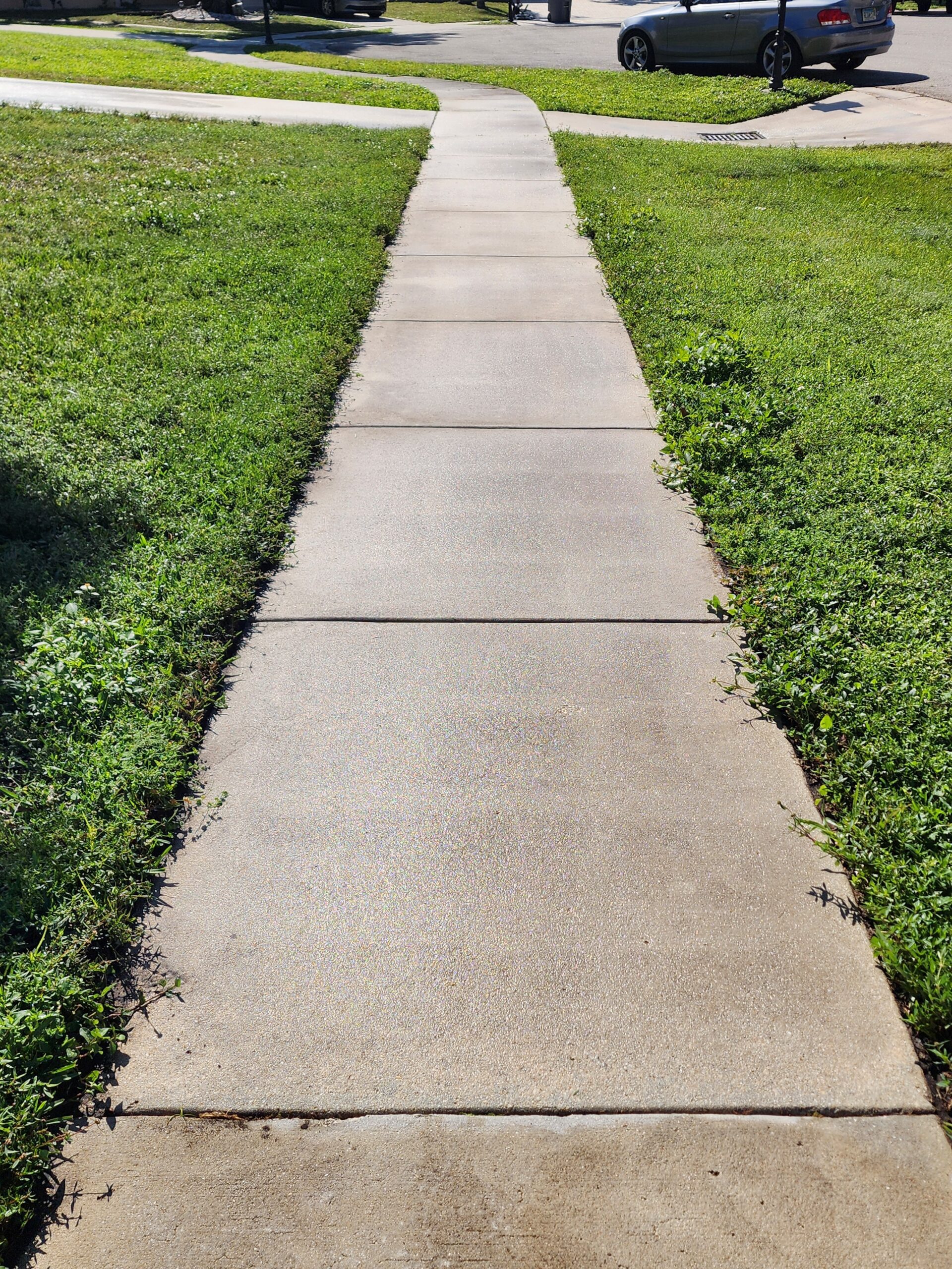 After power cleaning of walkway in Boca Raton FL showing clean, bright concrete surface with all dirt, algae, and stains safely removed